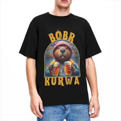 Men Women's Beaver Bobr Kurwa Drinking Beer Shirt Apparel Funny Bober Bobrze Meme Cotton T-shirt Clothing Vintage Tees Printed