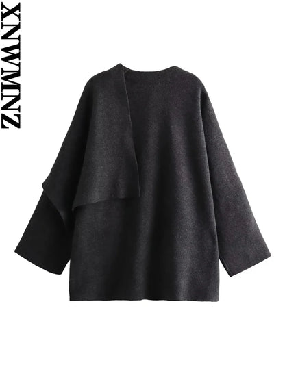 XNWMNZ Women's Fashion 2023 Autumn/Winter Asymmetric Scarf Knitted Coat Women High Street Long Sleeve Versatile Female Overcoat