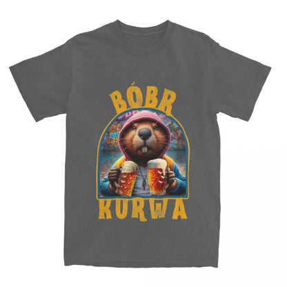 Men Women's Beaver Bobr Kurwa Drinking Beer Shirt Apparel Funny Bober Bobrze Meme Cotton T-shirt Clothing Vintage Tees Printed