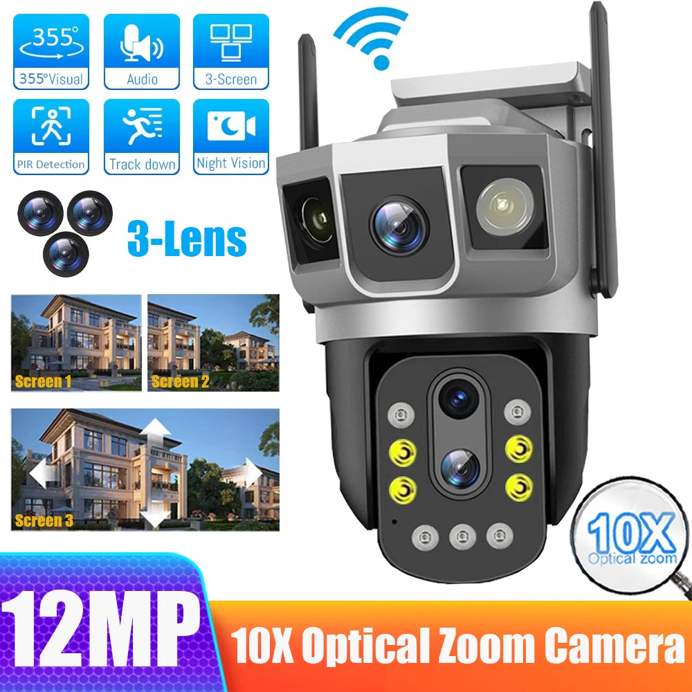 6K 12MP Wireless WIFI IP Camera Three Lens 10X Optical Zoom CCTV Waterproof PTZ Auto Tracking Security Outdoors Webcam