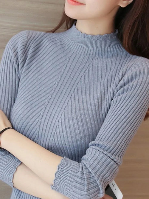 2024 Autumn Women Mock Neck Ruffles Sweater Long Sleeve Knitted