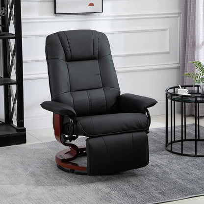 Faux Leather Manual Recliner, Adjustable Swivel Lounge Chair with Footrest, Armrest and Wrapped Wood Base for Living Room, Black