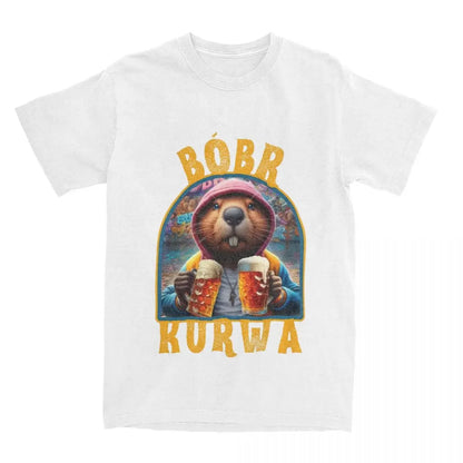 Men Women's Beaver Bobr Kurwa Drinking Beer Shirt Apparel Funny Bober Bobrze Meme Cotton T-shirt Clothing Vintage Tees Printed