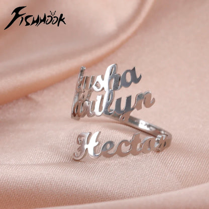 Fishhook Custom Double Name Finger Ring For Women Men Personalized Rings Couple Family Gift Gold Color Stainless Steel Jewelry